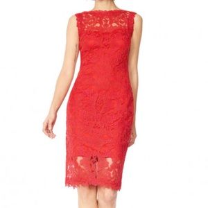 tadashi joji red lace boatneck cocktail midi dress